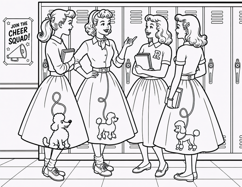 Poodle Skirt Coloring Page, Four Girls by the Lockers