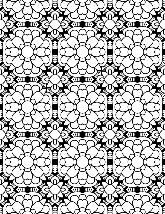 Puffy Bloom and Heart Tile Coloring Page, Bold Black Grid