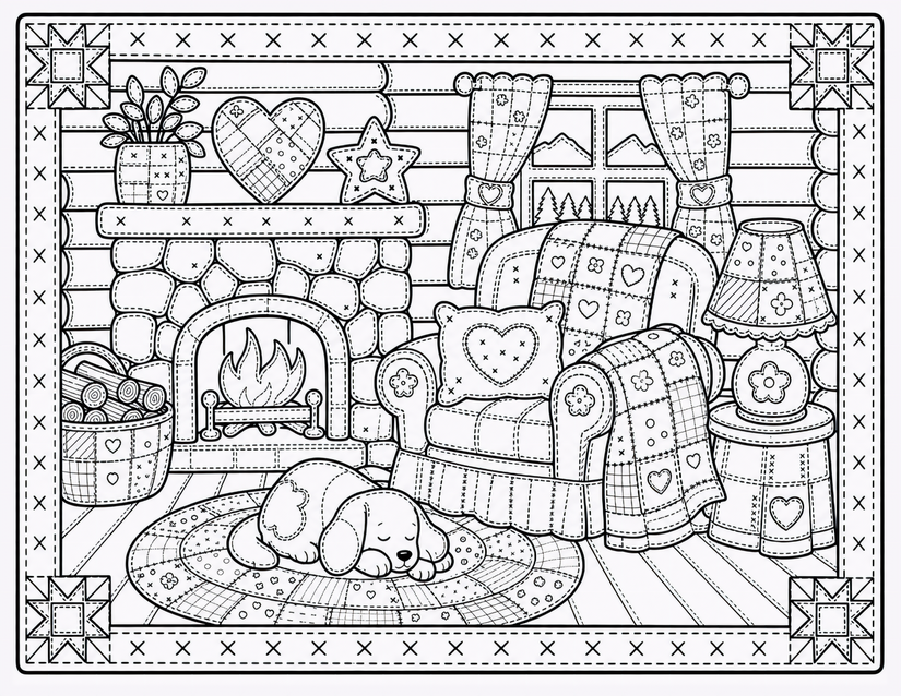 Puppy by the Fireplace Coloring Page, Stone Hearth and Quilted Chair