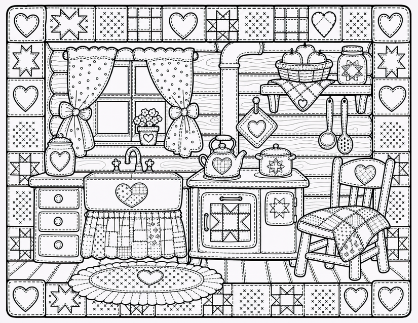 Quilted Country Kitchen Coloring Page, Kettle and Curtains