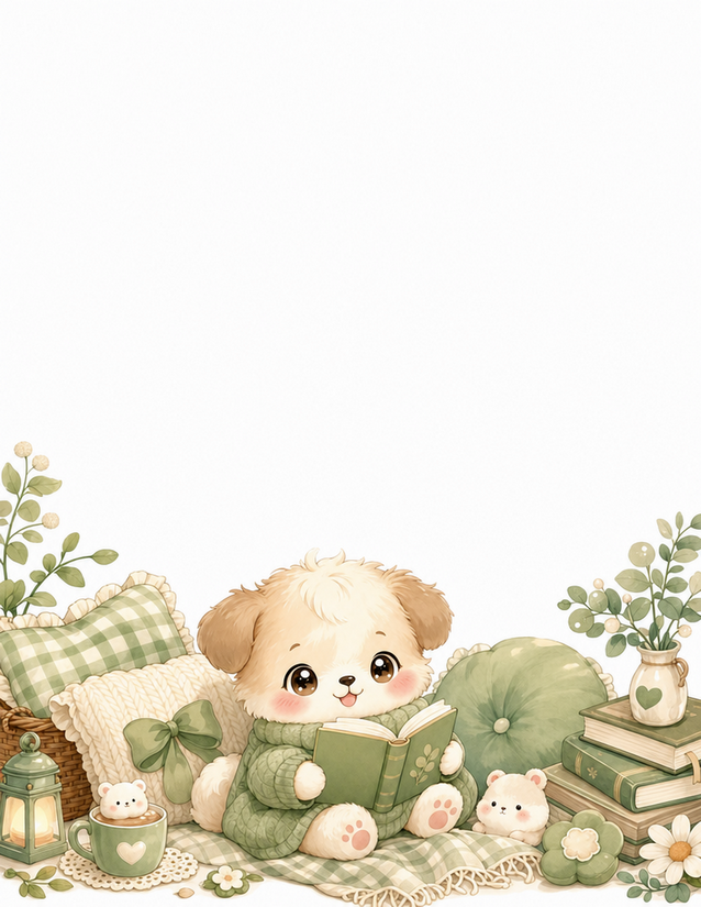 Reading Puppy Stationery, Sage Green Books and Lantern