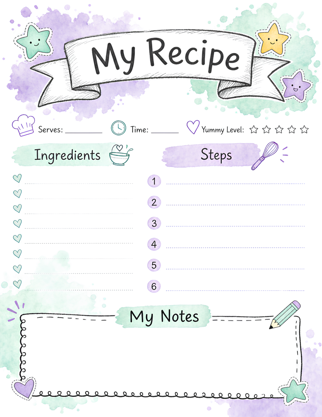 Recipe Journal Page Hand Drawn Watercolor Lavender Mint White