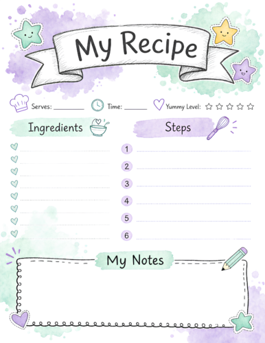 Recipe Journal Page Hand Drawn Watercolor Lavender Mint White