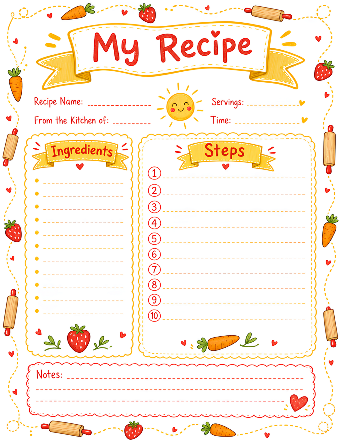 Recipe Journal Page Sunny Yellow Red White