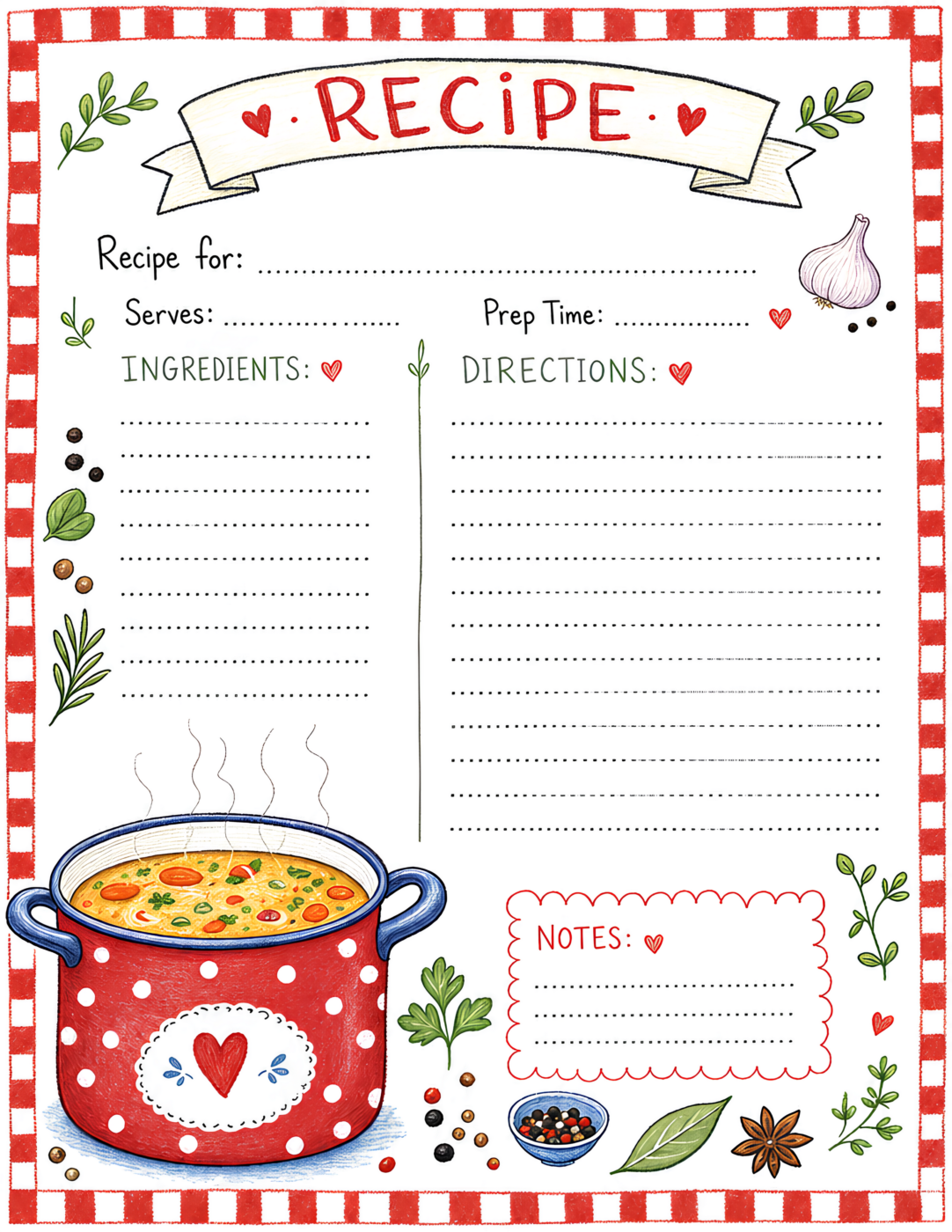 Recipe Template Watercolor Hand Lettered Red White Green