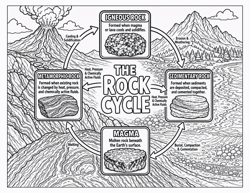 Rock Cycle Coloring Page, Volcano to Magma Infographic