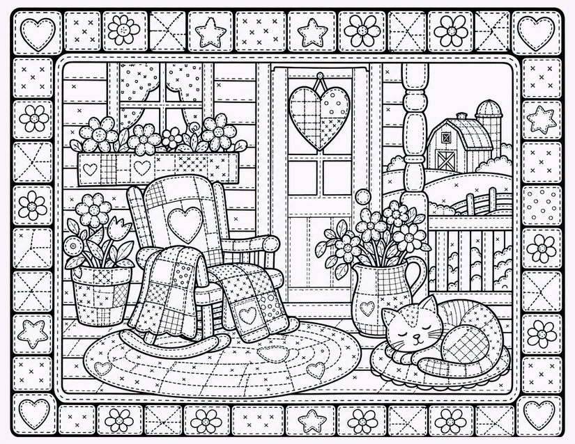 Rocking Chair Porch Coloring Page, Quilted Cat and Barn View