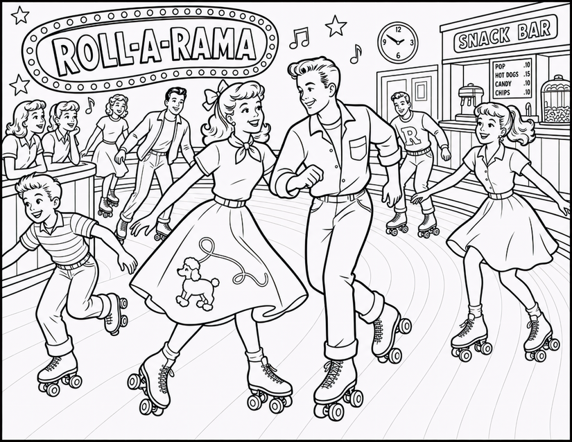Roller Rink Coloring Page, Poodle Skirt Girl and Roll-A-Rama Sign