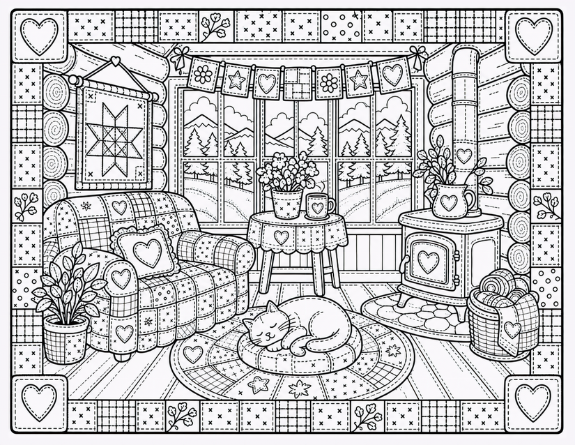 Sleeping Cat by the Wood Stove Coloring Page