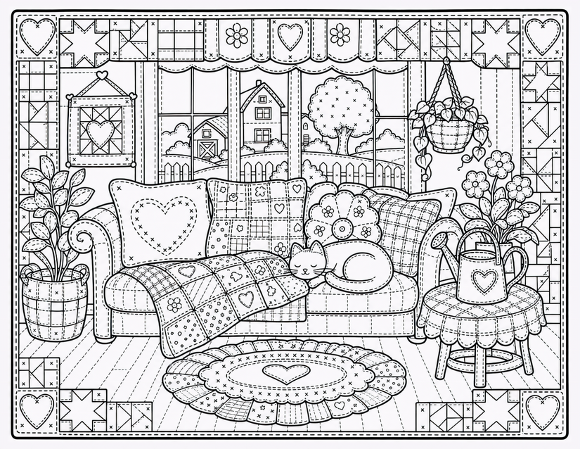 Sleeping Cat on Sofa Coloring Page, Quilted Farmhouse Living Room