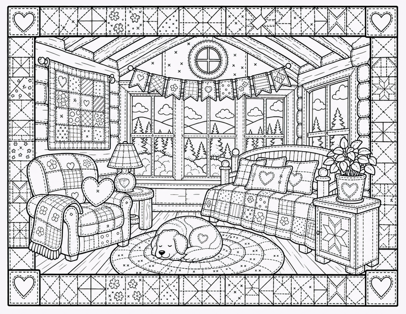 Sleeping Dog Living Room Coloring Page, Quilted Sofa and Bunting