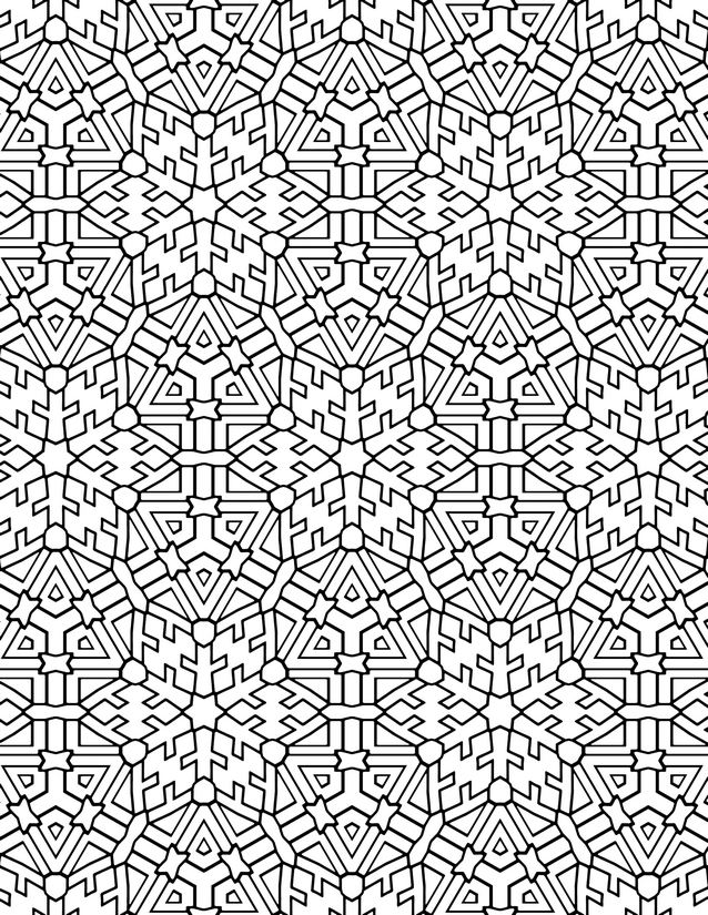 Snowflake Hexagon Grid Coloring Page, Six-Arm Stars and Notched Triangles