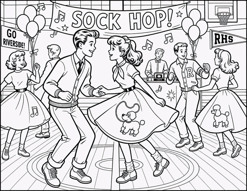 Sock Hop Coloring Page, Poodle Skirts and Gym Banner