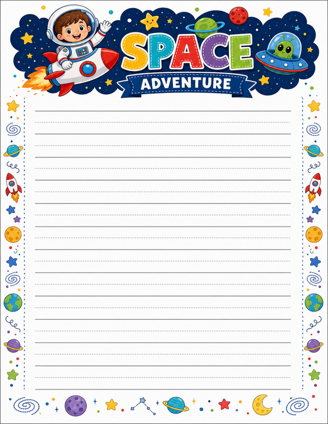 Space Adventure Writing Paper, Astronaut and Rocket Header