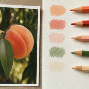 A split-composition image with a photograph of a ripe peach on a branch on the left and five colored pencil swatches on the right