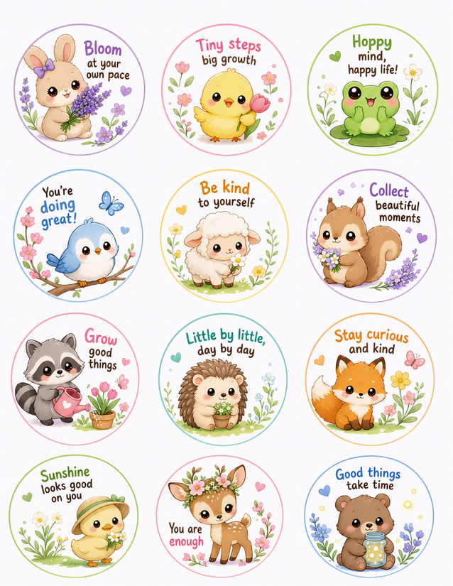 Kawaii Spring Animal Affirmation Stickers, 12 Circle Designs