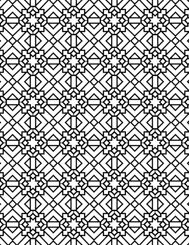 Square Star Cross Grid Coloring Page, Eight-Point Stars and Chevron Frames