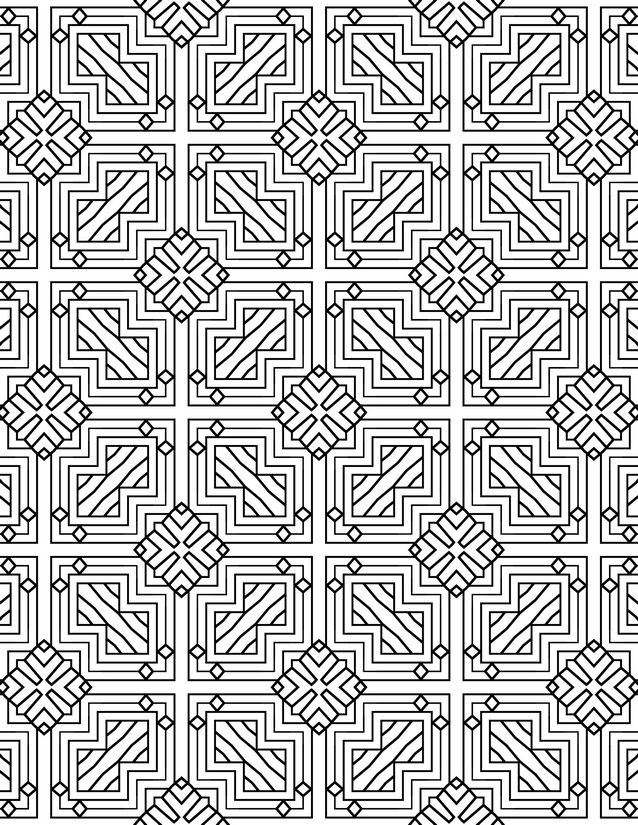 Square Weave Pattern Coloring Page, Diagonal Stripes and Cross Medallions
