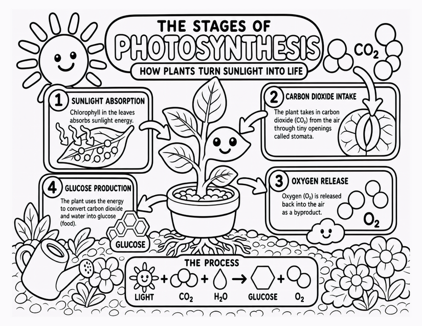 Stages of Photosynthesis Coloring Page, 4-Step Diagram