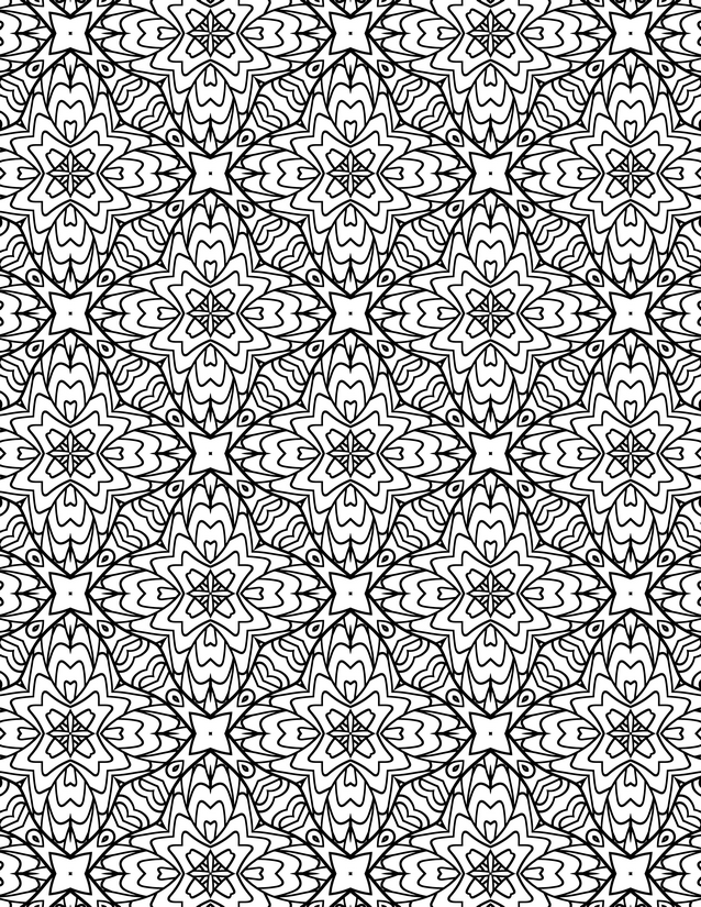 Star and Heart Bloom Grid Coloring Page, Layered Petals and Nested Lines