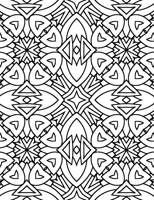 Star and Heart Tile Coloring Page, Mirrored Diamond Centers