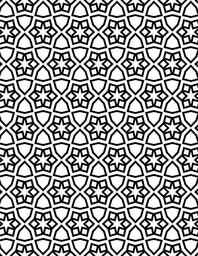 Star Shield Lattice Coloring Page, Eight-Point Stars and Arched Shields