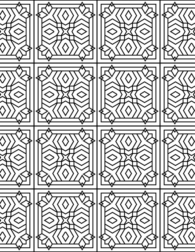 Starburst Square Tile Coloring Page, 16-Block Repeat Grid