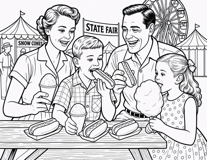 State Fair Coloring Page, Family at the Picnic Table