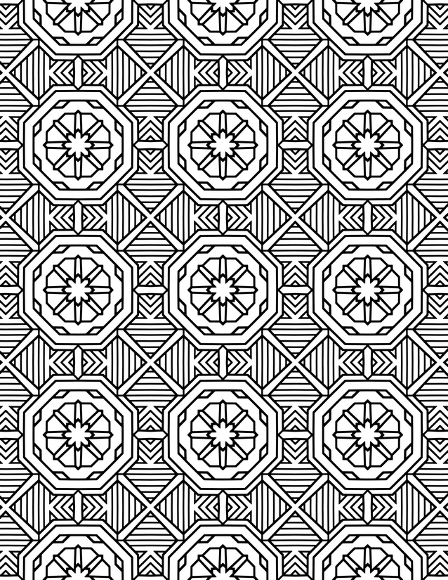 Striped Octagon Star Grid Coloring Page, Nested Rings and X Corners