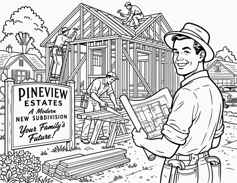 Subdivision Construction Coloring Page, Blueprint and Wood Framing