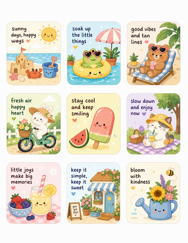 Summer Affirmation Stickers, Nine Kawaii Cards with Seasonal Quotes
