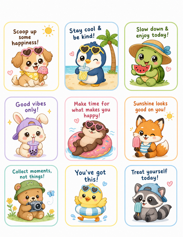 Summer Animal Affirmation Stickers, Nine Kawaii Cards with Feel-Good Phrases
