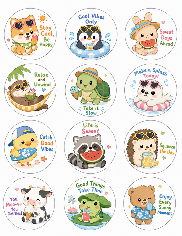 Summer Animal Circle Stickers With Quotes, 12 Kawaii Designs