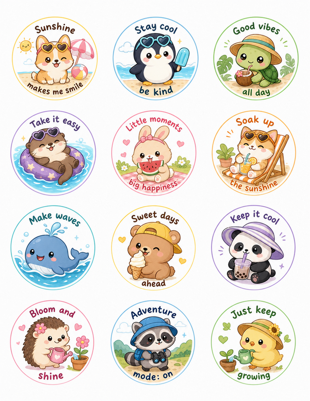 Summer Animal Circle Stickers, Twelve Kawaii Designs with Quotes