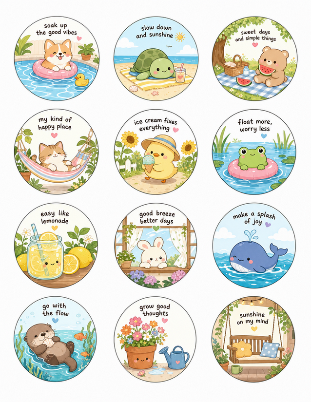 Summer Animal Quote Stickers, Twelve Circle Designs