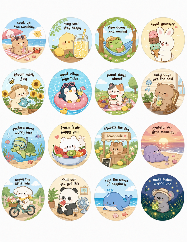 Summer Animal Quote Stickers, 16 Oval Kawaii Designs