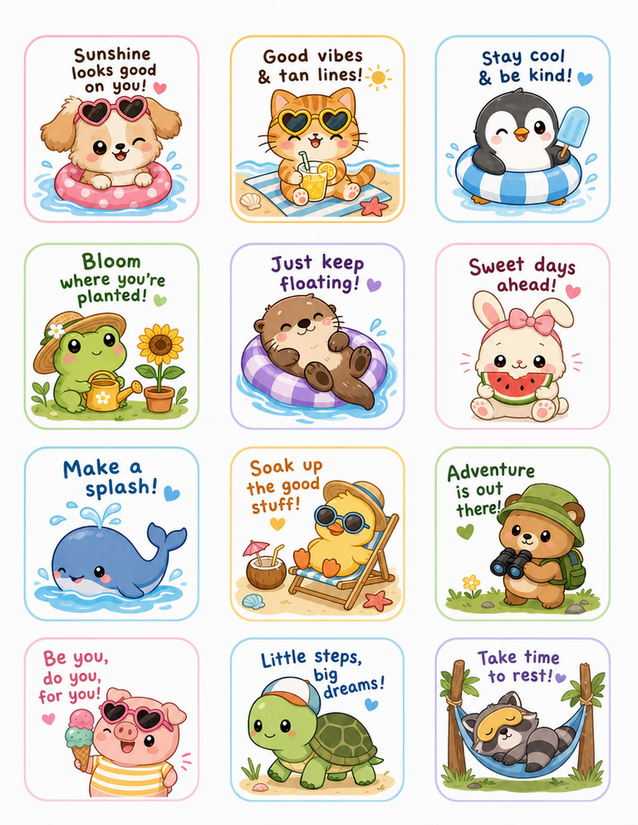 Summer Animal Stickers with Affirmations, 12 Rounded-Square Cards