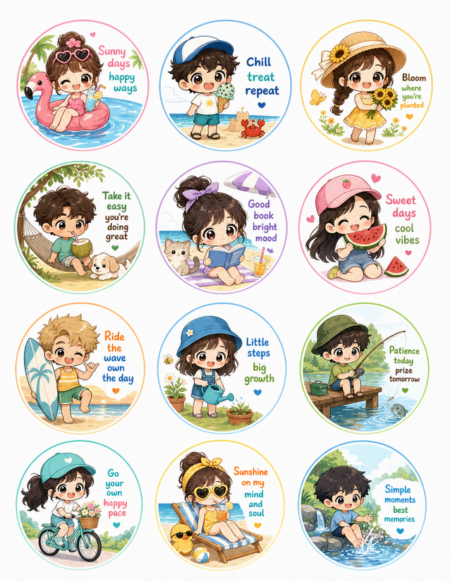 Summer Circle Stickers for Kids, 12 Kawaii Affirmation Designs