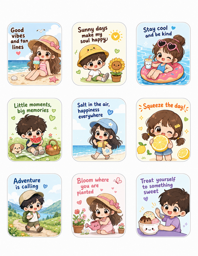 Summer Kids Affirmation Stickers, Nine Rounded-Square Cards