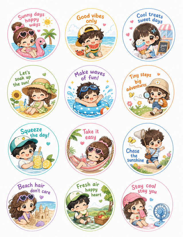 Summer Kids Quote Circle Stickers, 12 Kawaii Designs