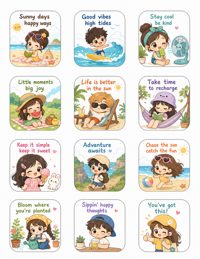 Summer Kids Quote Stickers, 12 Kawaii Rounded-Square Cards