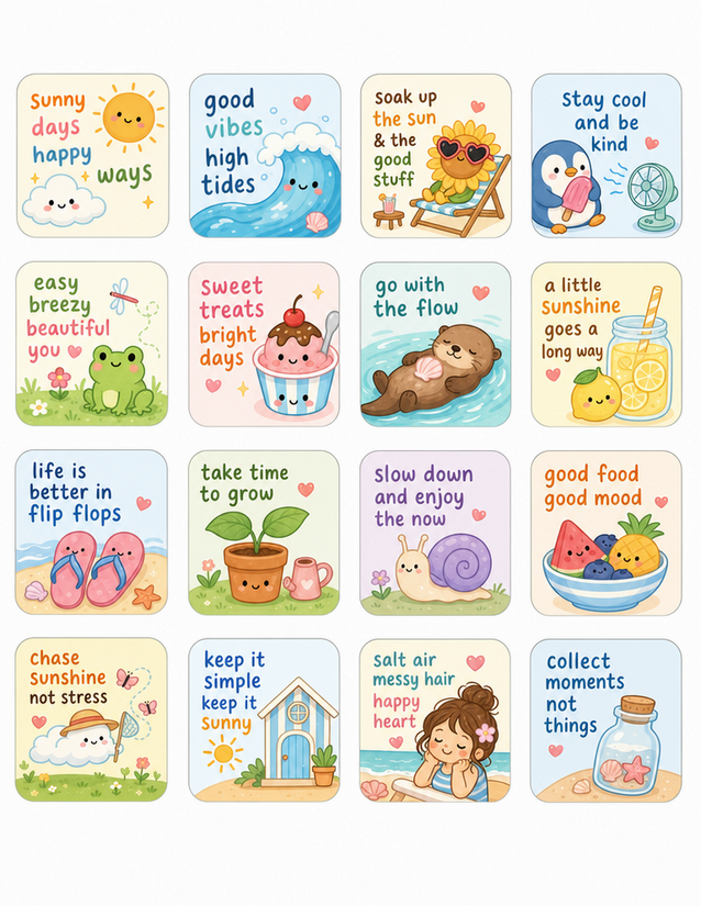 Summer Quote Stickers, 16 Kawaii Cards with Positive Sayings