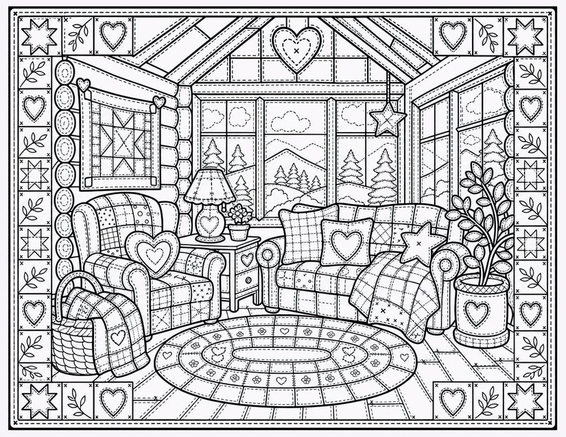 Sunroom Coloring Page, Quilted Sofa and Mountain View