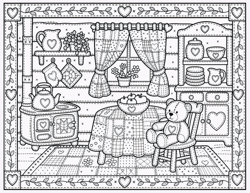 Teddy Bear Country Kitchen Coloring Page, Patchwork Stove and Hutch
