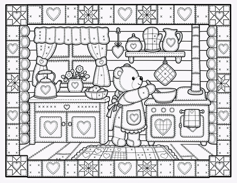 Teddy Bear Kitchen Coloring Page, Heart Apron and Stitched Stove