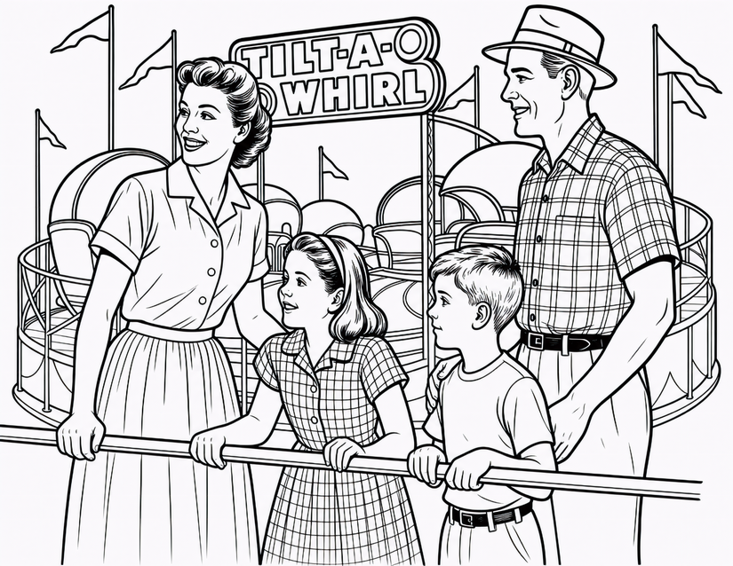 Tilt-A-Whirl Coloring Page, Family of Four at the Fair
