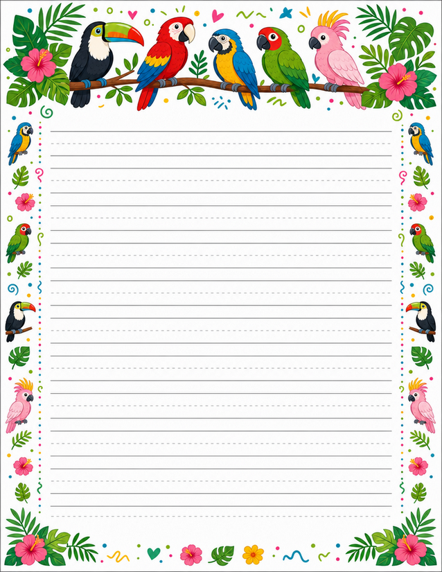 Tropical Birds Handwriting Page, Toucans and Parrots on a Branch