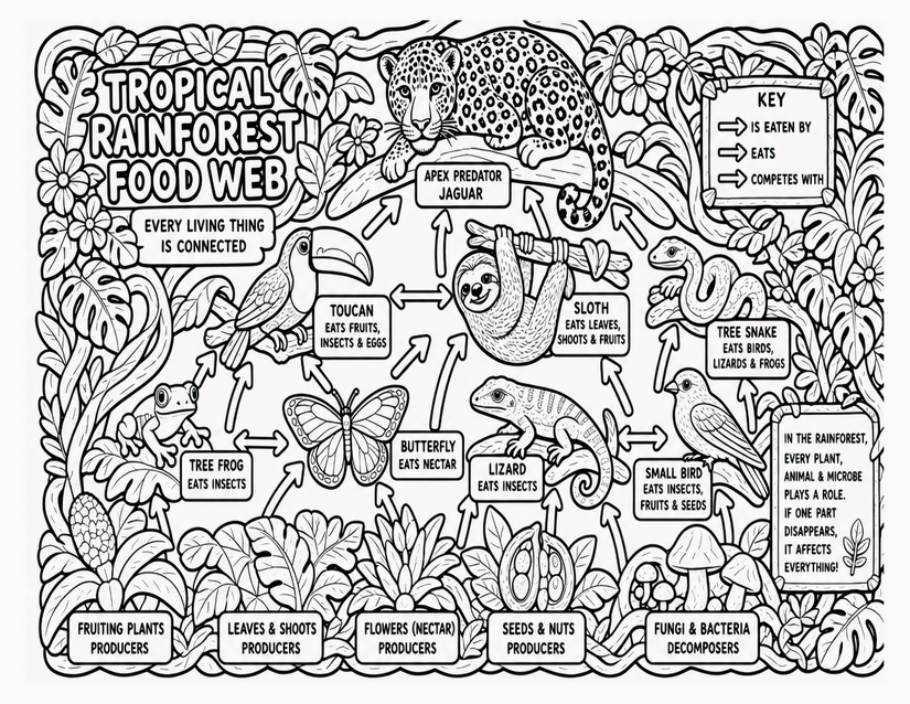 Tropical Rainforest Food Web Coloring Page, Jaguar to Decomposers