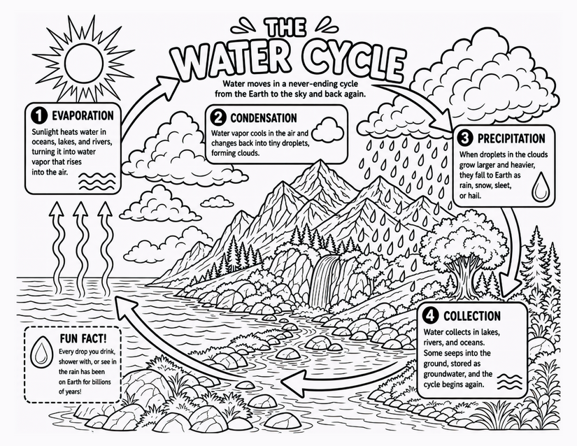 Water Cycle Coloring Page, Four Stages With Mountains and Rain