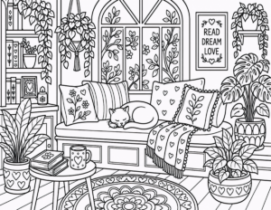 Window Seat Sleeping Cat Houseplants